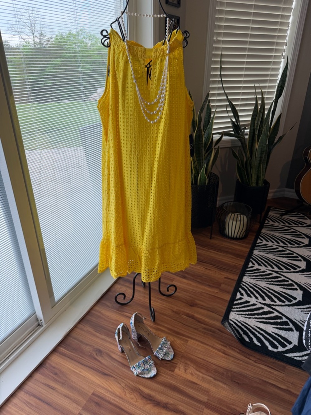 New York & Company Bright Yellow Eyelet Midi Dress size large